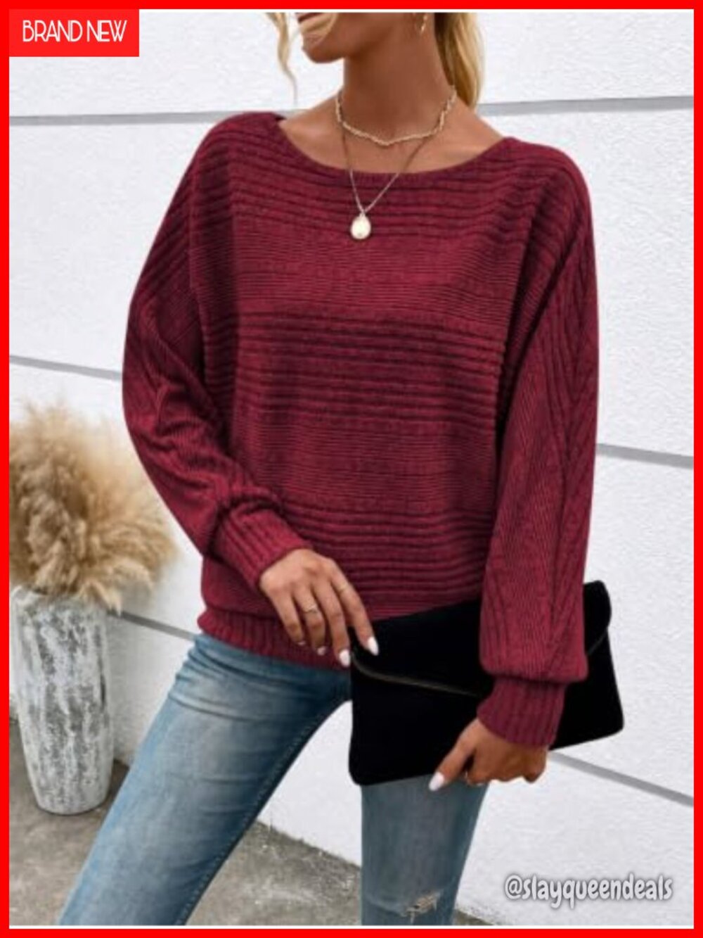 Textured Ribbed Batwing Boat Neck Pullover Sweatshirt Relaxed Fit Top